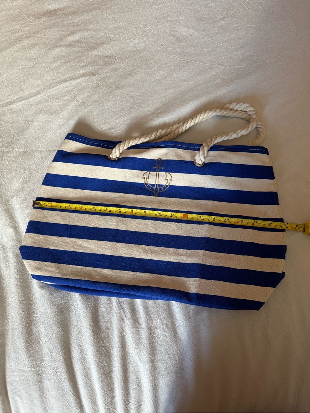 Avon Nautical Navy Blue and White Striped Rope-Handle Tote with Anchor Detail